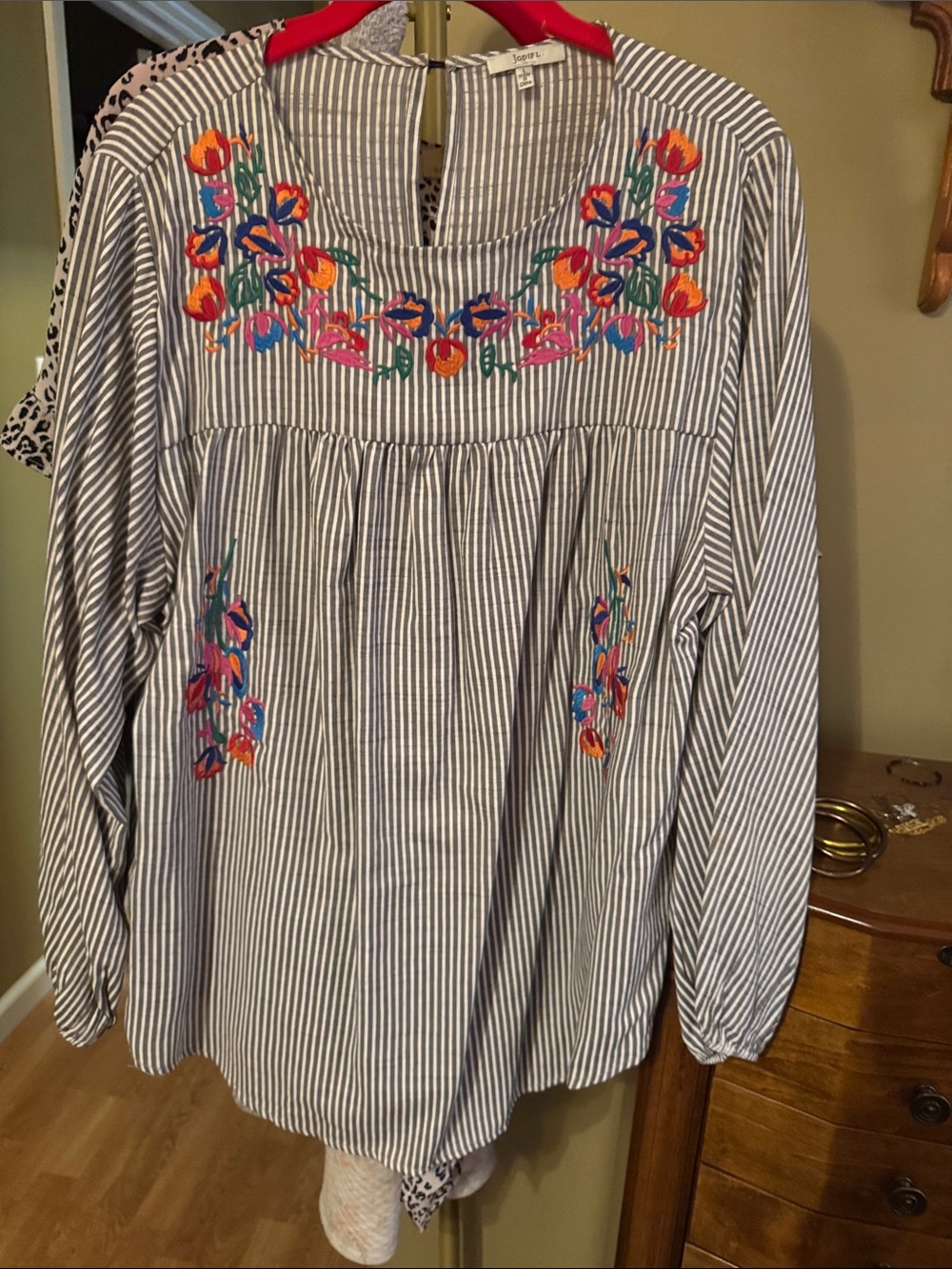 JODIFL Blue/White Striped Peasant Blouse with Multicolor Floral Embroidery